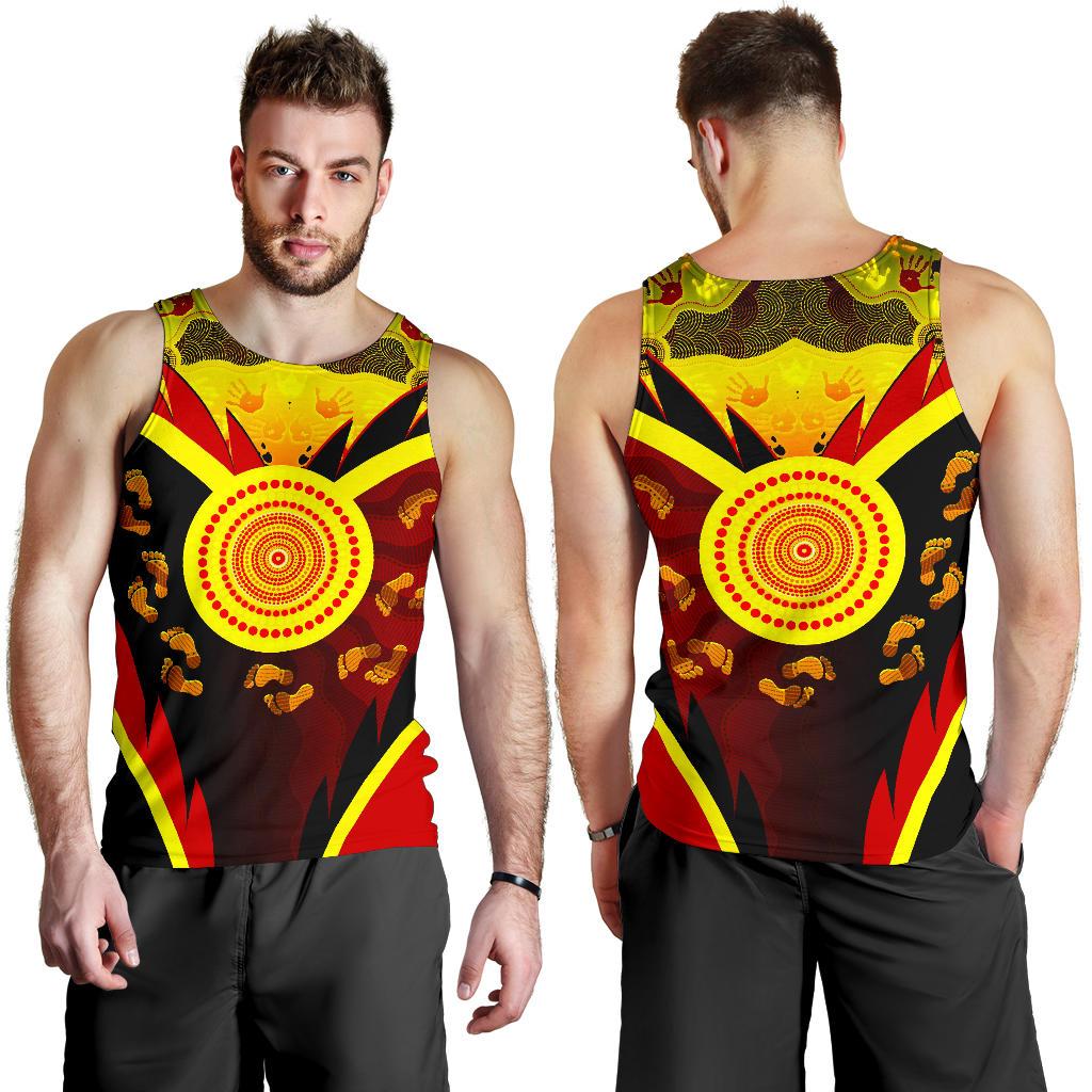 Aboriginal Men's Tank Top - Indigenous Flag With Footprint Hand Art - Vibe Hoodie Shop