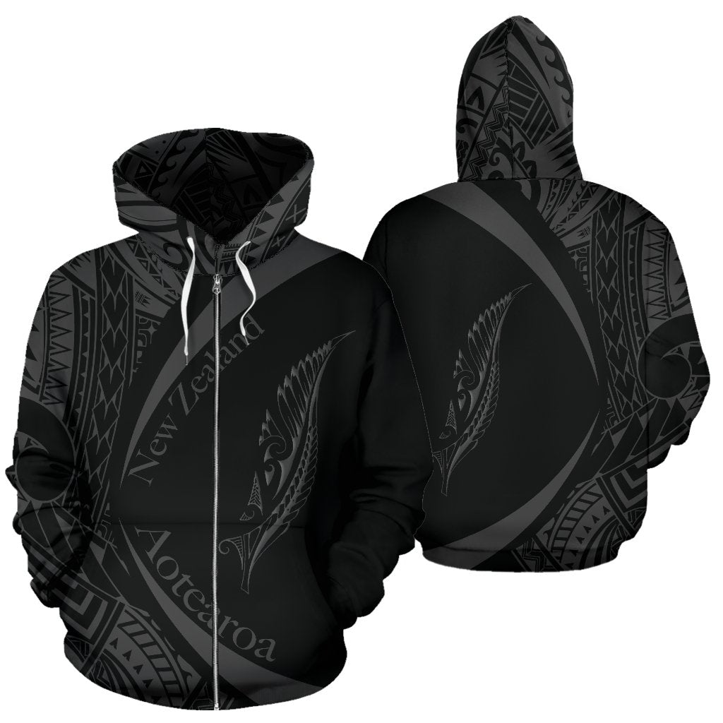 New Zealand Silver Fern Zip Hoodie Maori Tattoo Circle Style - Vibe Hoodie Shop