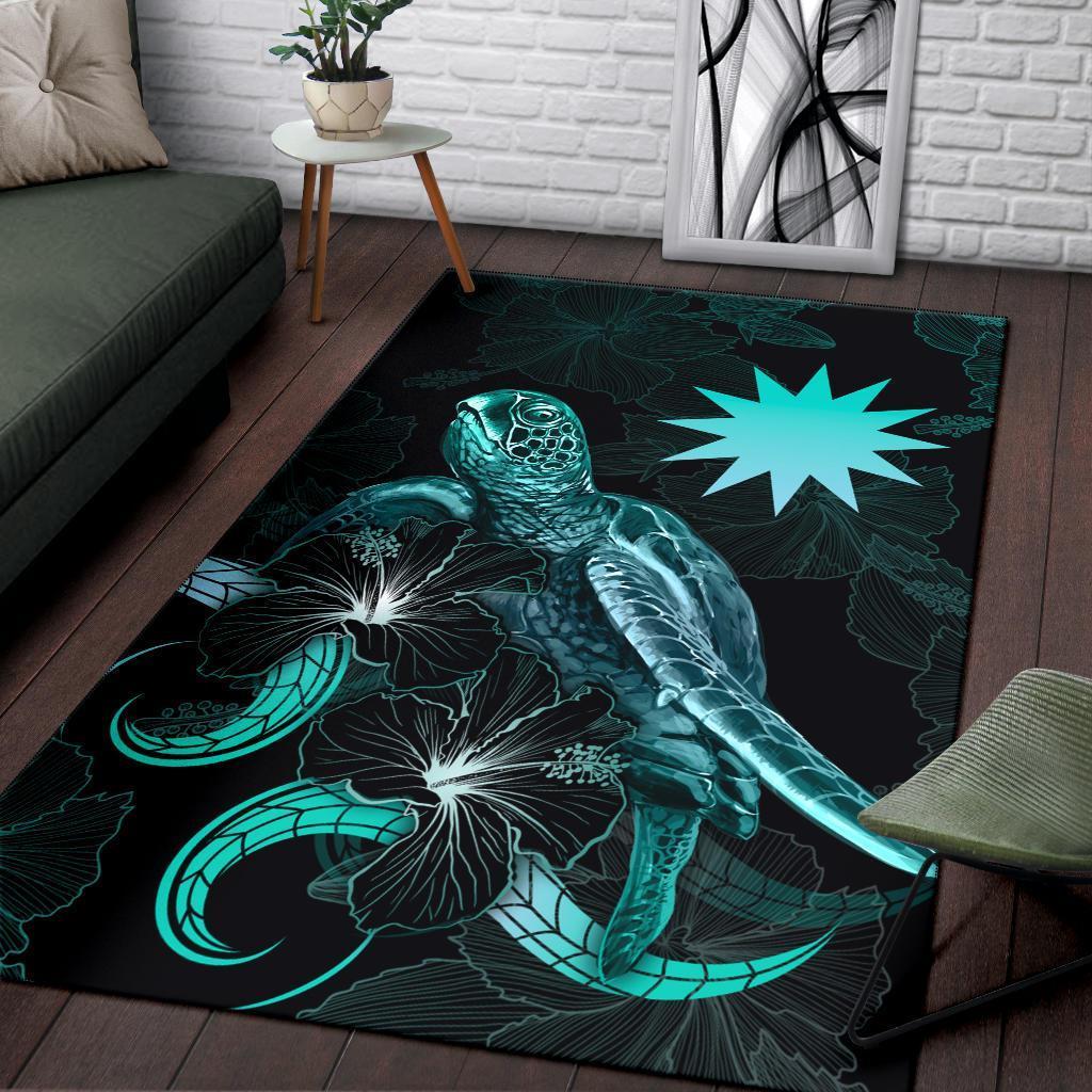 Nauru Polynesian Area Rugs - Turtle With Blooming Hibiscus Turquoise - Vibe Hoodie Shop