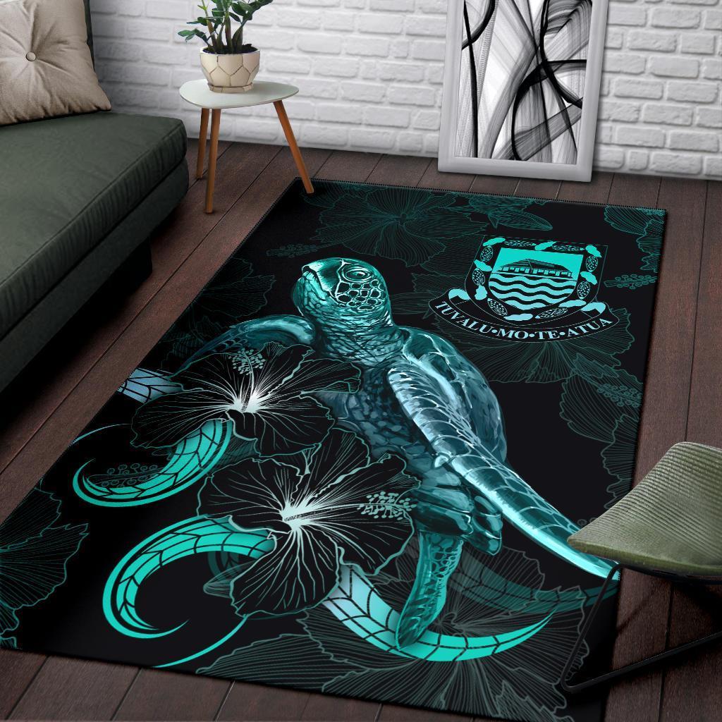 Tuvalu Polynesian Area Rugs - Turtle With Blooming Hibiscus Turquoise - Vibe Hoodie Shop