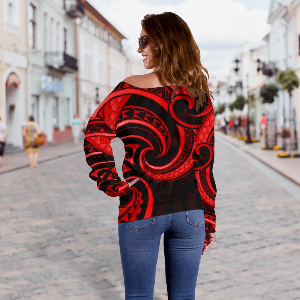 New Zealand Maori Mangopare Women Off Shoulder Sweater Polynesian - Red - Vibe Hoodie Shop