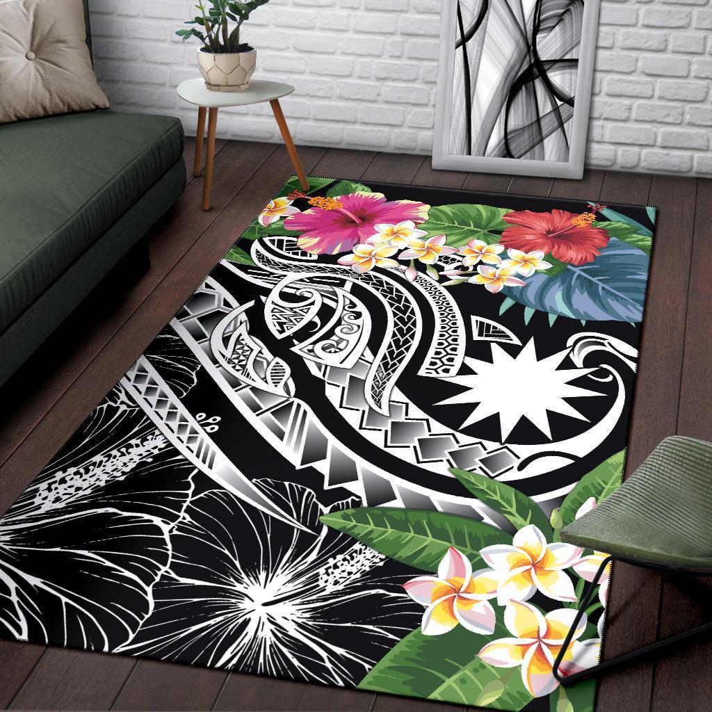 Nauru Polynesian Area Rug - Summer Plumeria (Black) - Vibe Hoodie Shop