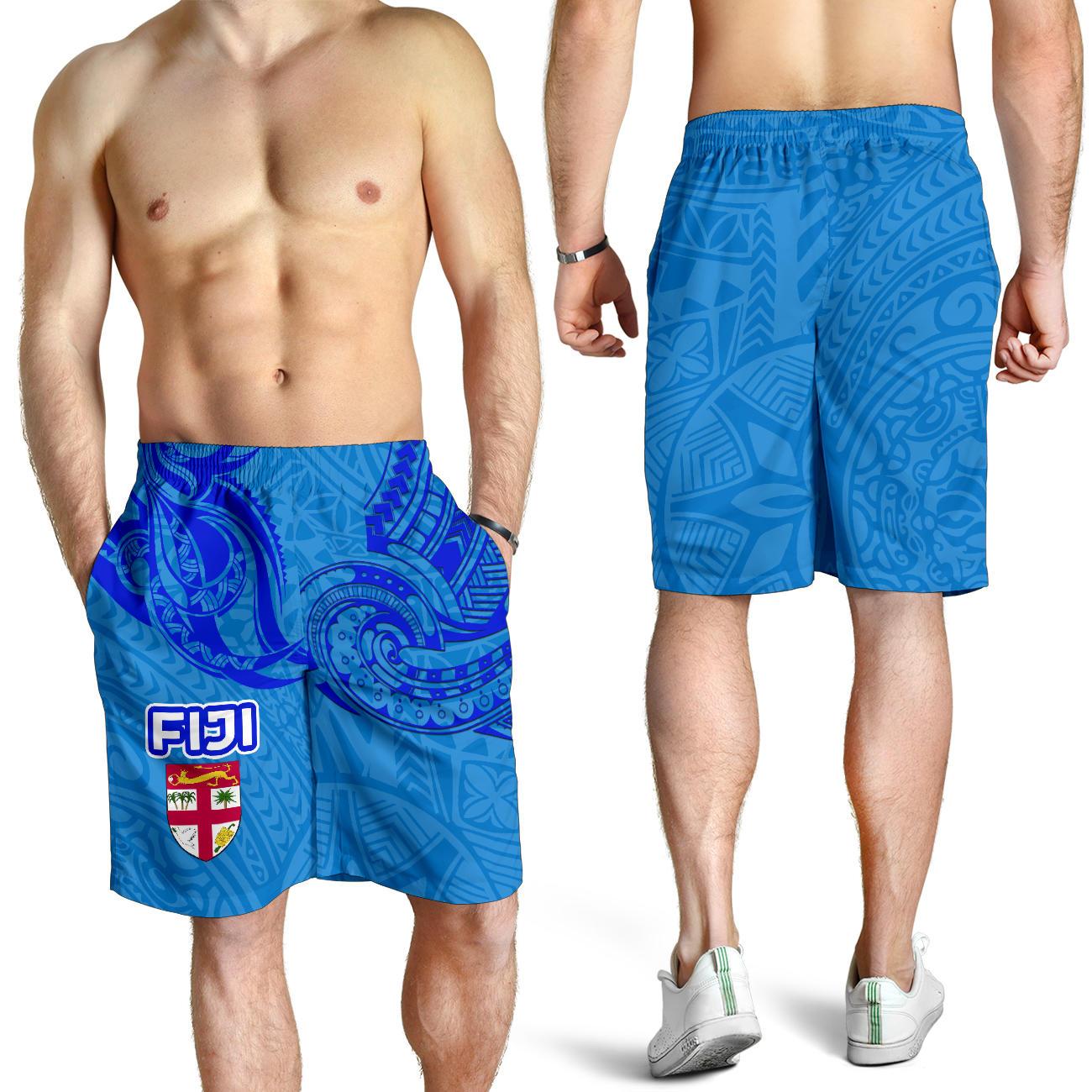 Blue Men Shorts Fiji Rugby Polynesian Waves Style - Vibe Hoodie Shop