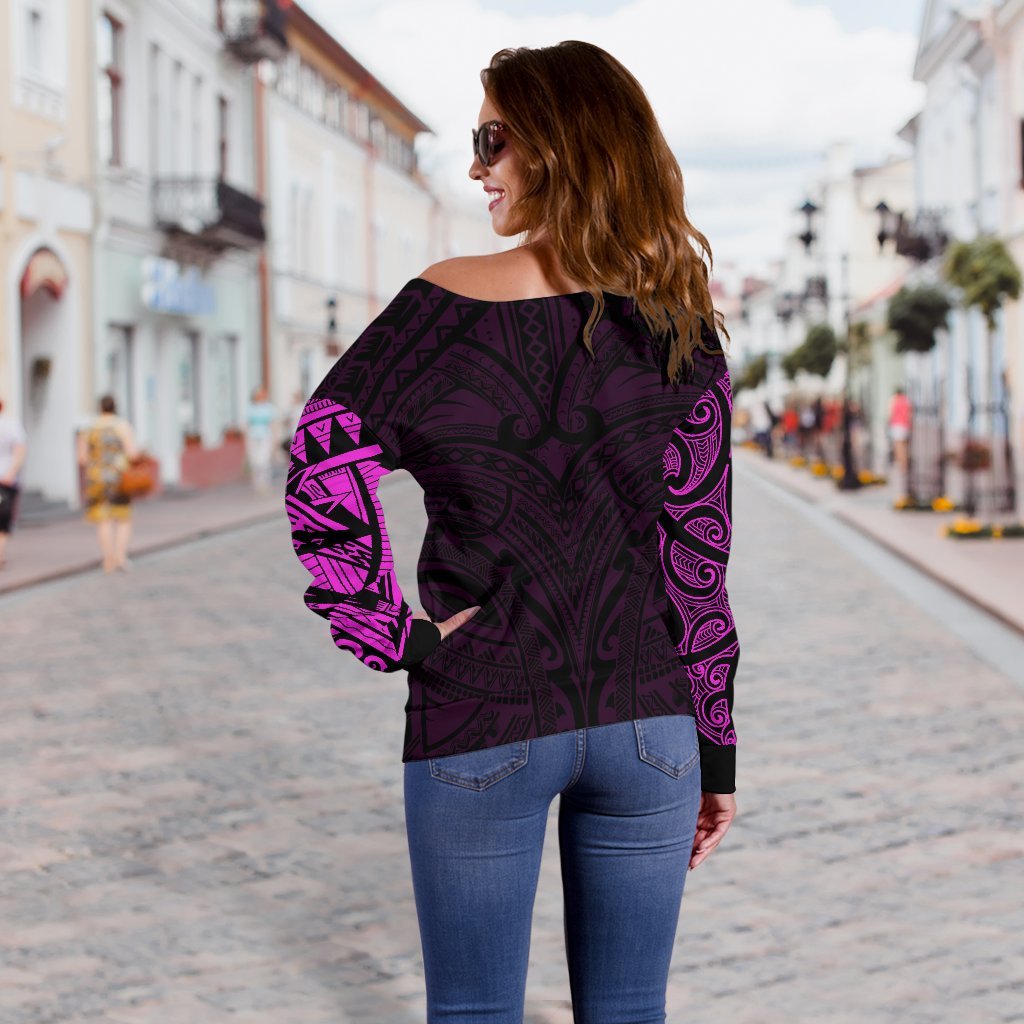 New Zealand Women's Off Shoulder Sweater, Maori Polynesian Tattoo Purple - Vibe Hoodie Shop