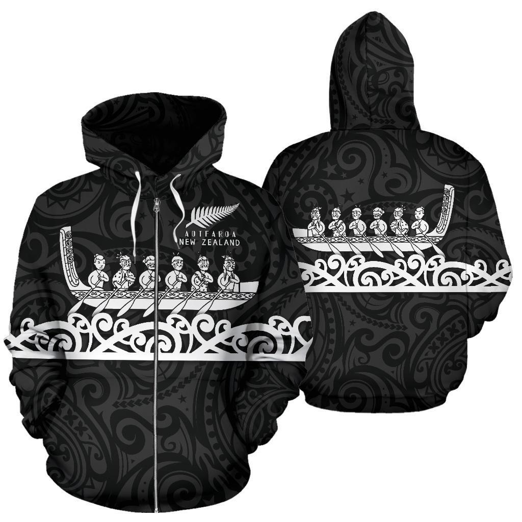 New Zealand Zip Up Hoodie, Maori Waka Zipper Hoodie Black - Vibe Hoodie Shop