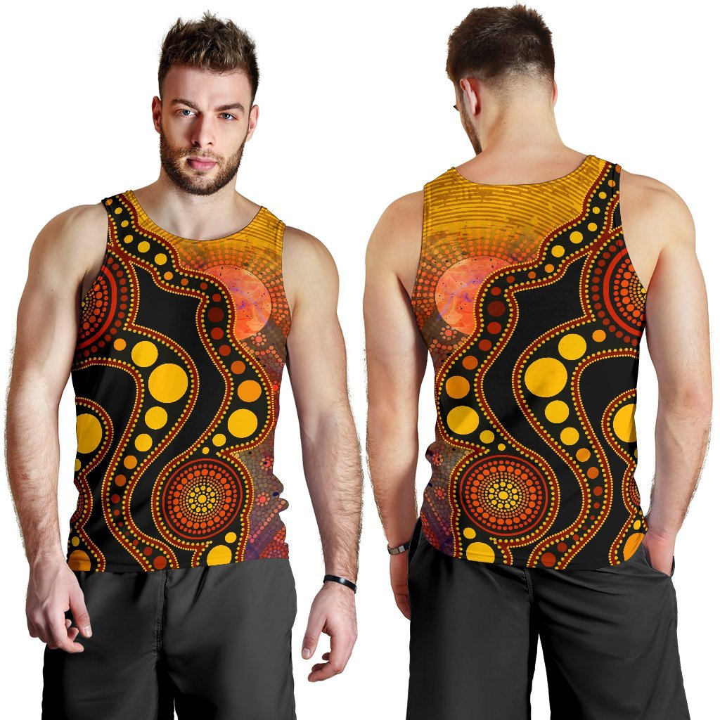 Aboriginal Men's Tank Top - Australia Indigenous Flag Circle Dot Painting Art (Golden) - Vibe Hoodie Shop