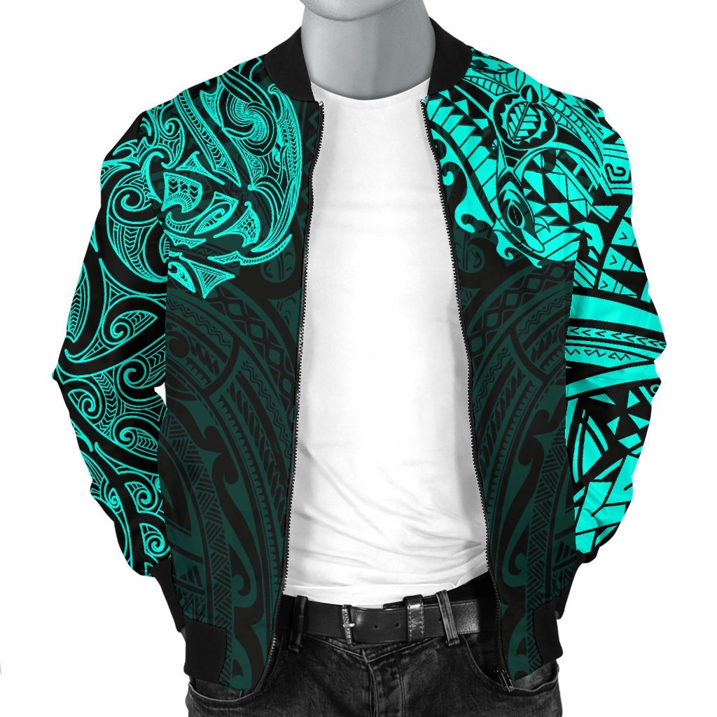 New Zealand Men's Bomber Jacket, Maori Polynesian Tattoo Turquoise - Vibe Hoodie Shop