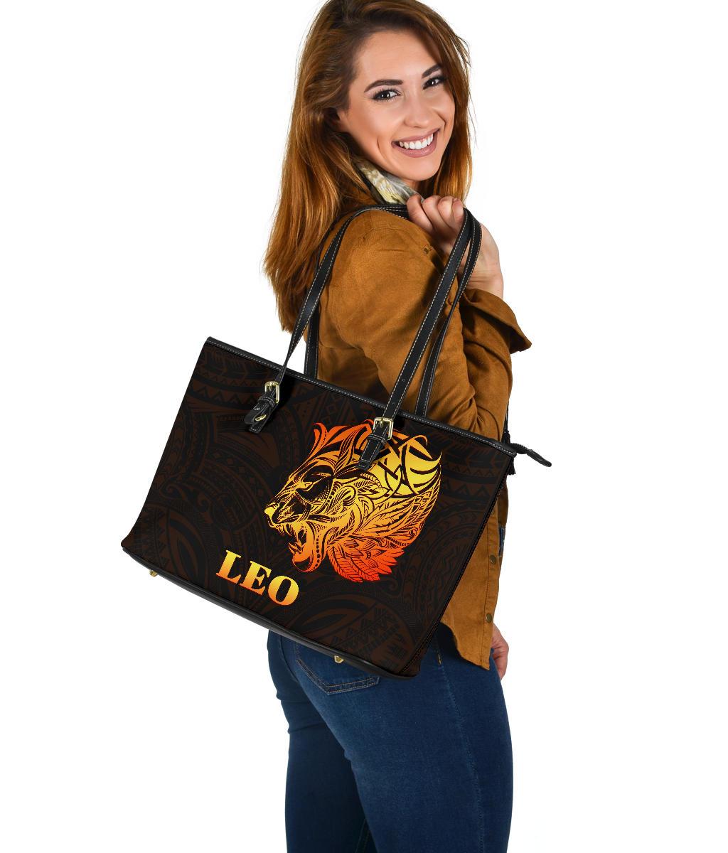 sun-in-leo-zodiac-large-leather-tote-polynesian-tattoo-simple-orange-black