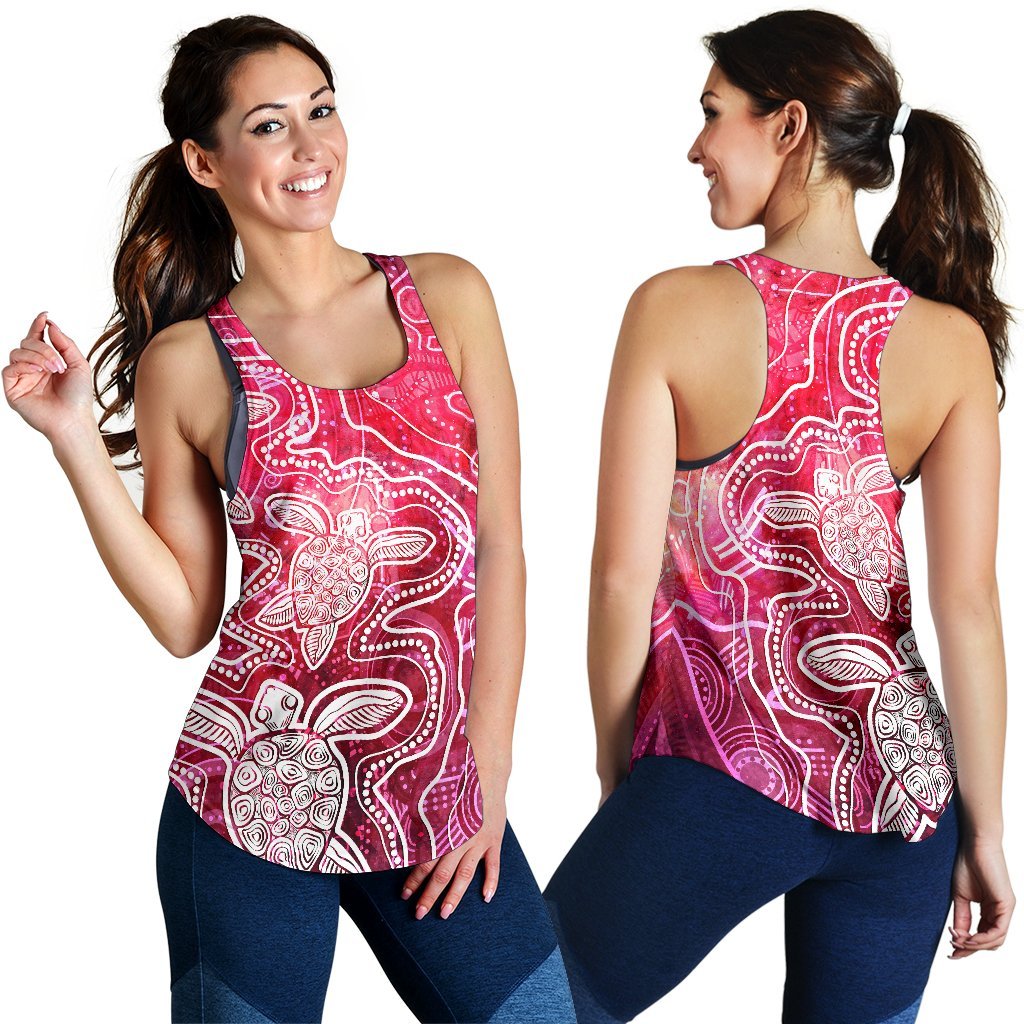 Aboriginal Women's Racerback Tank - Sea Turtle With Indigenous Patterns (Pink) - Vibe Hoodie Shop