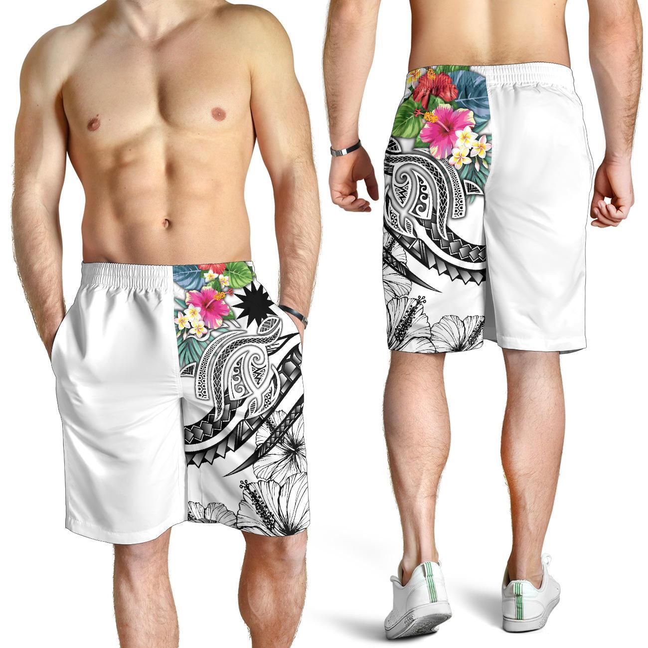 Nauru Polynesian Men's Shorts - Summer Plumeria (White) - Vibe Hoodie Shop