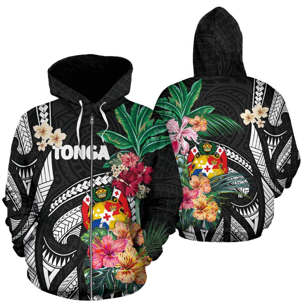 Zip Up Hoodie Tonga Coat Of Arms Polynesian With Hibiscus - Vibe Hoodie Shop