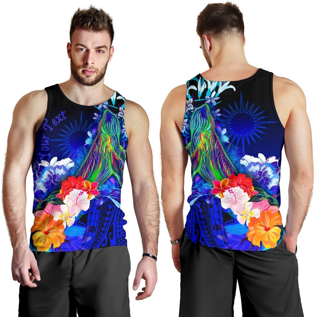 Marshall Islands Custom Personalised Men's Tank Top - Humpback Whale with Tropical Flowers (Blue) - Vibe Hoodie Shop