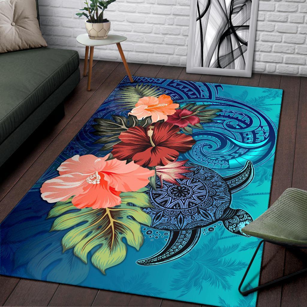 Turtle Polynesian Area Rug Hibiscus Polynesian Blue - Vibe Hoodie Shop