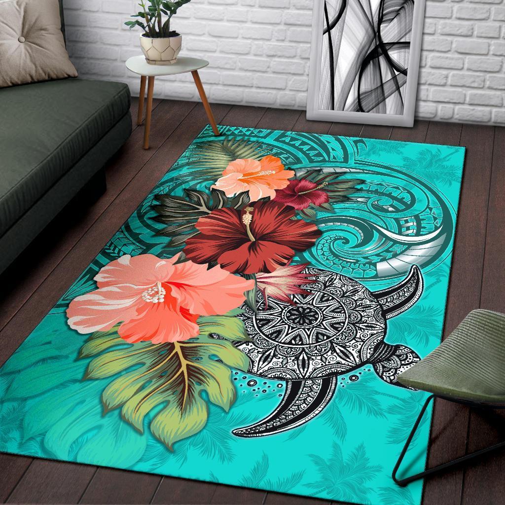 Turtle Polynesian Area Rug Hibiscus Polynesian Turquoise - Vibe Hoodie Shop