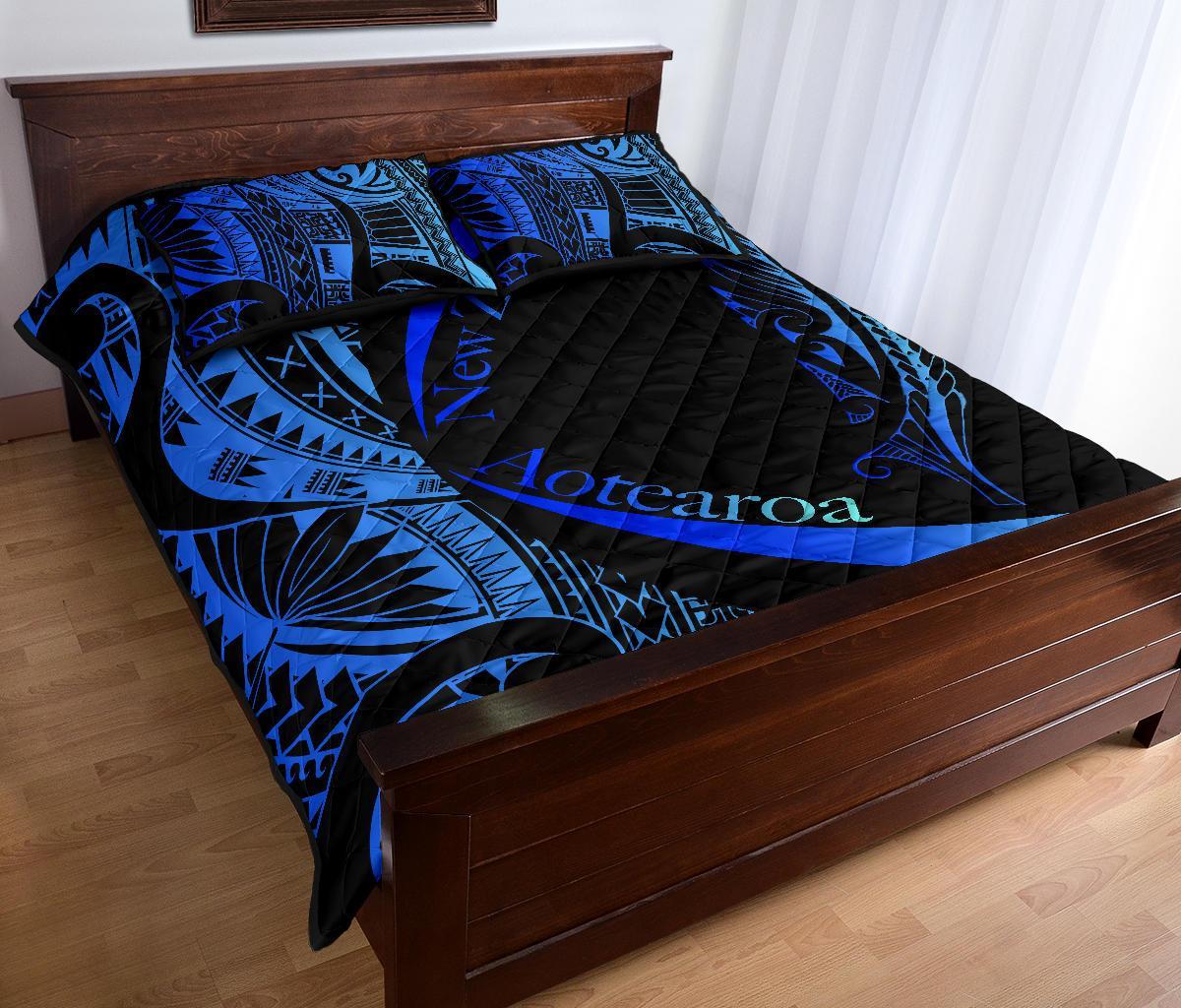 New Zealand Silver Fern Quilt Bed Set Maori Tattoo Circle Style - Blue - Vibe Hoodie Shop