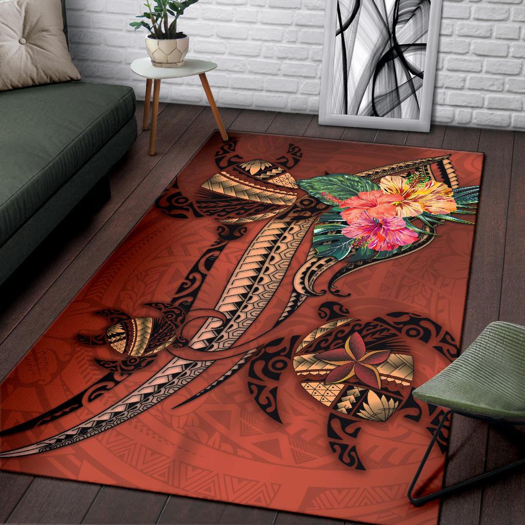 Polynesian Turtle Area Rug - Tribal Tattoo with Hibiscus Coral - Vibe Hoodie Shop