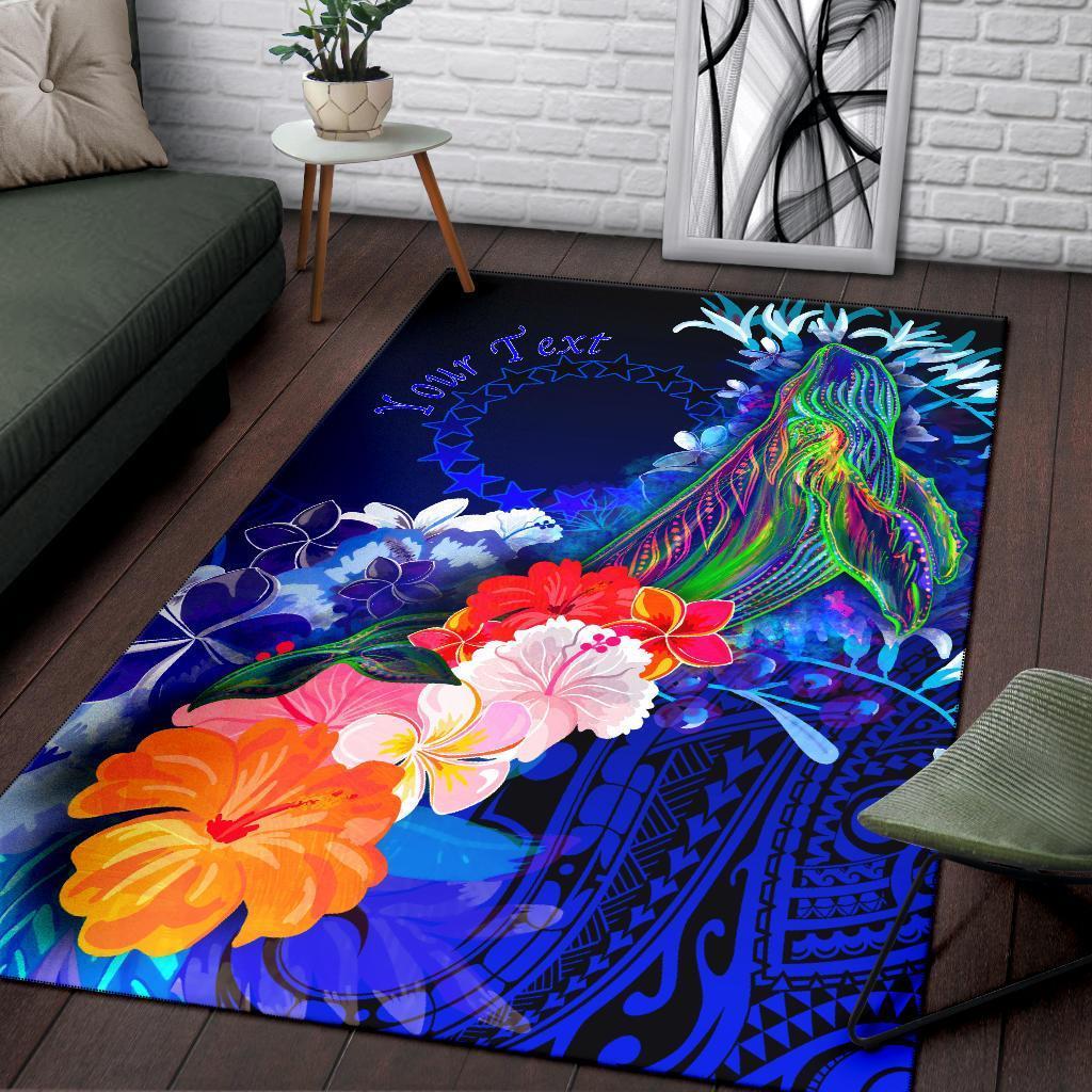 Cook Islands Custom Personalised Area Rug - Humpback Whale with Tropical Flowers (Blue) - Vibe Hoodie Shop