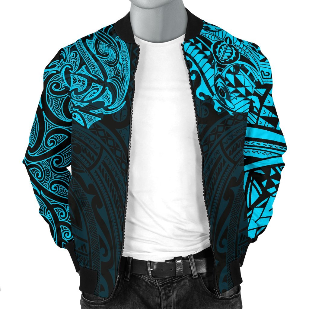 New Zealand Men's Bomber Jacket, Maori Polynesian Tattoo Blue - Vibe Hoodie Shop