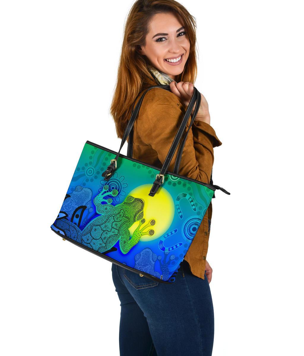 aboriginal-leather-tote-bag-indigenous-frog-blue
