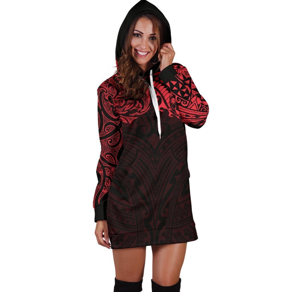 New Zealand Women's Hoodie Dress, Maori Polynesian Tattoo Red - Vibe Hoodie Shop