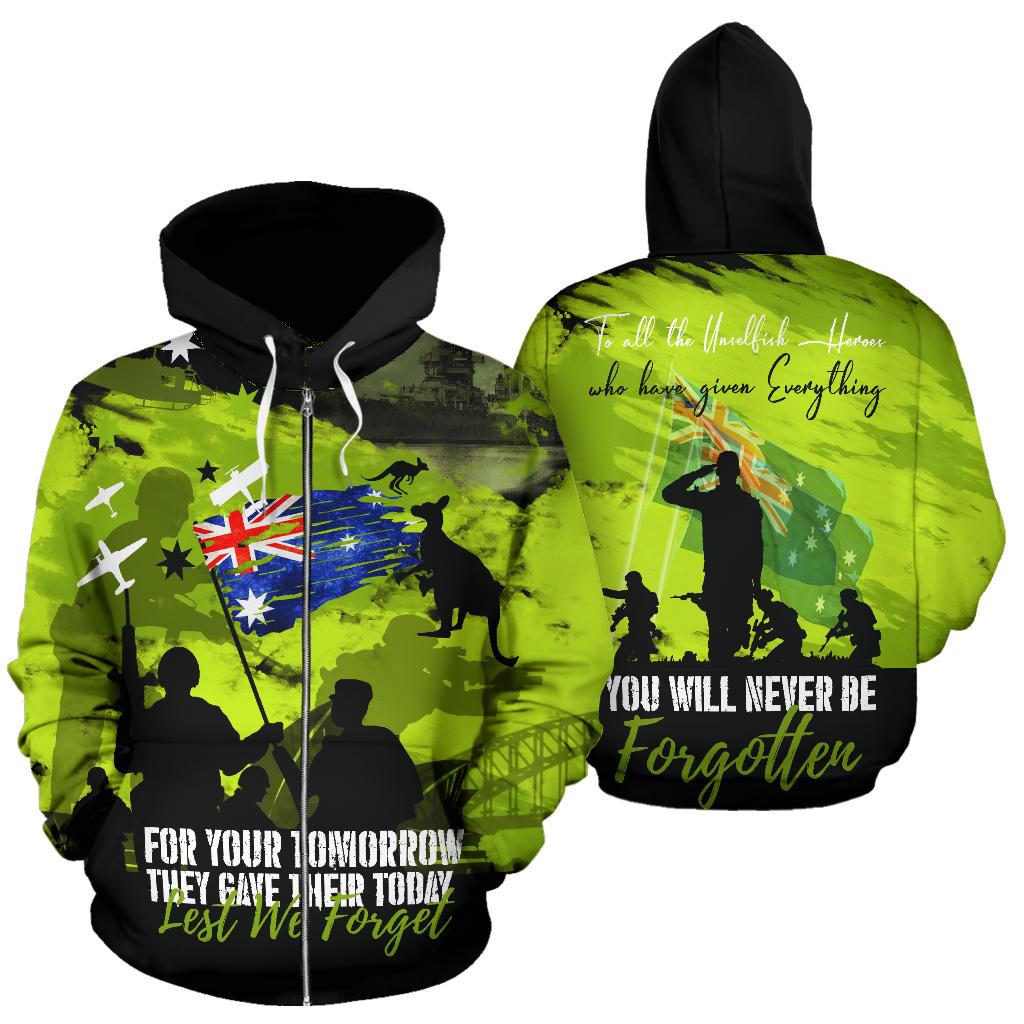 Zip Up Hoodie - ANZAC Hoodie Australia Flag Lest We Forget - Unisex - Vibe Hoodie Shop