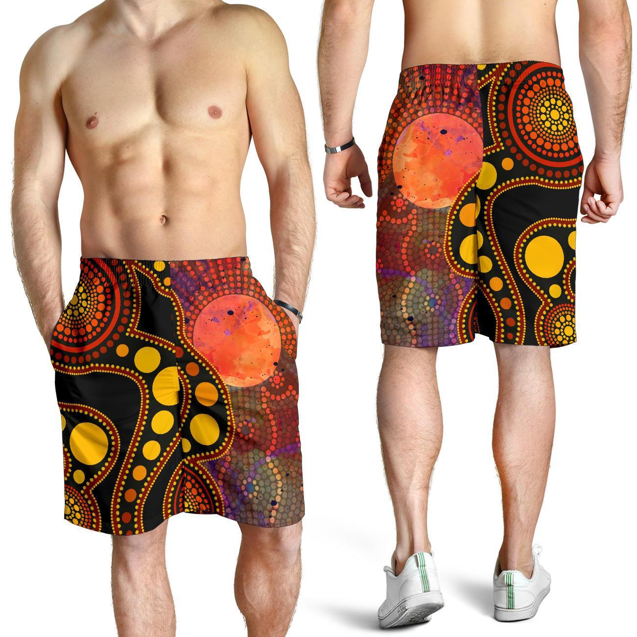 Aboriginal Men's Shorts - Australia Indigenous Flag Circle Dot Painting Art (Golden) - Vibe Hoodie Shop