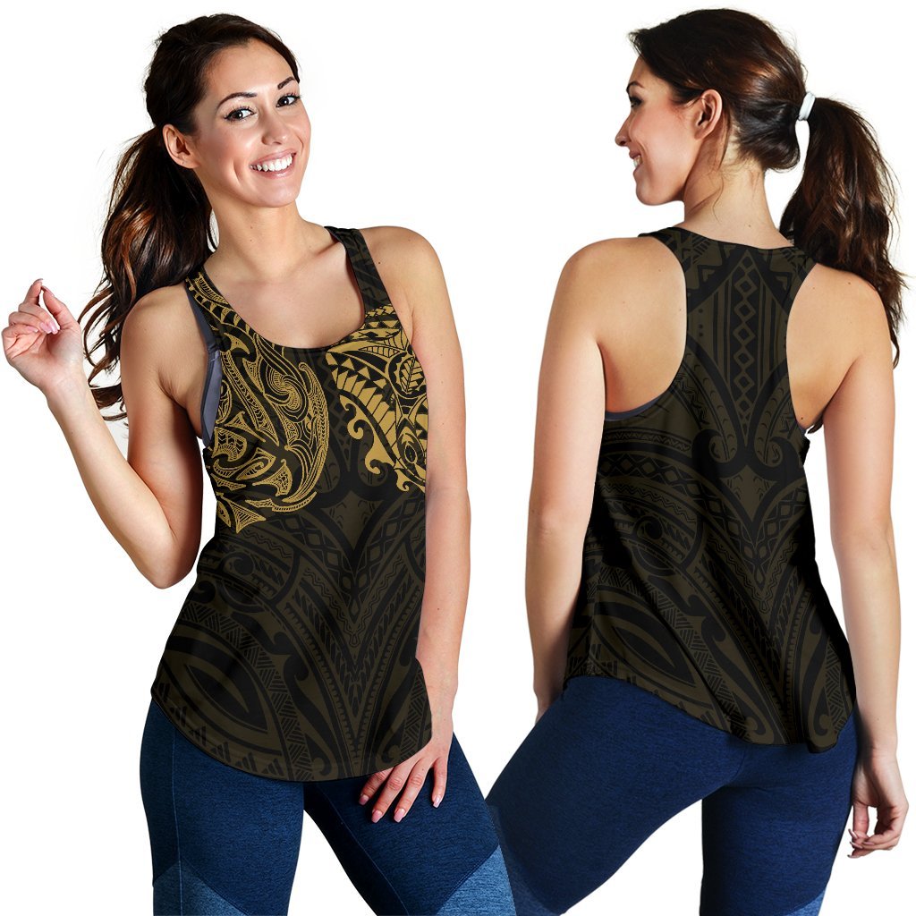 New Zealand Women's Racerback Tank, Maori Polynesian Tattoo Gold - Vibe Hoodie Shop