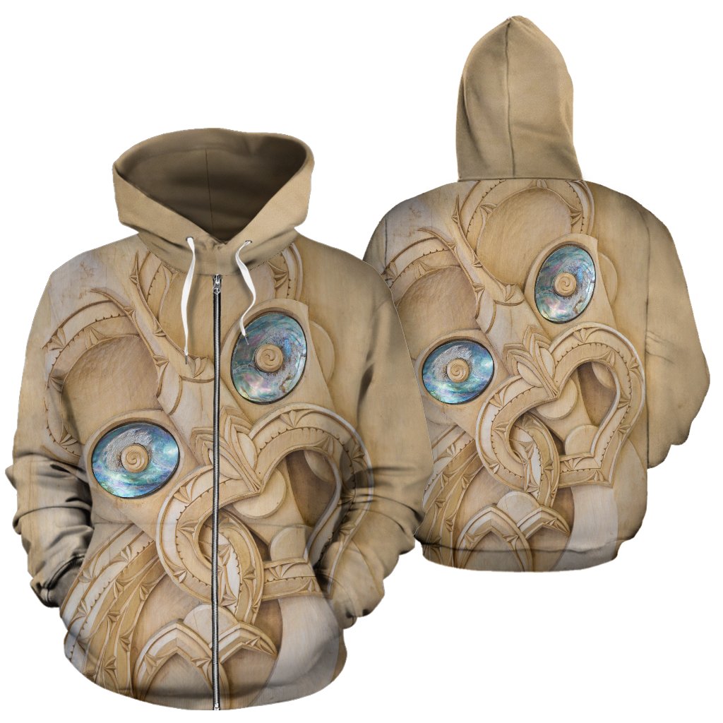 New Zealand Maori Zip Hoodie, Tiki With Paua Shell Eyes Full Zip Hoodie - Vibe Hoodie Shop