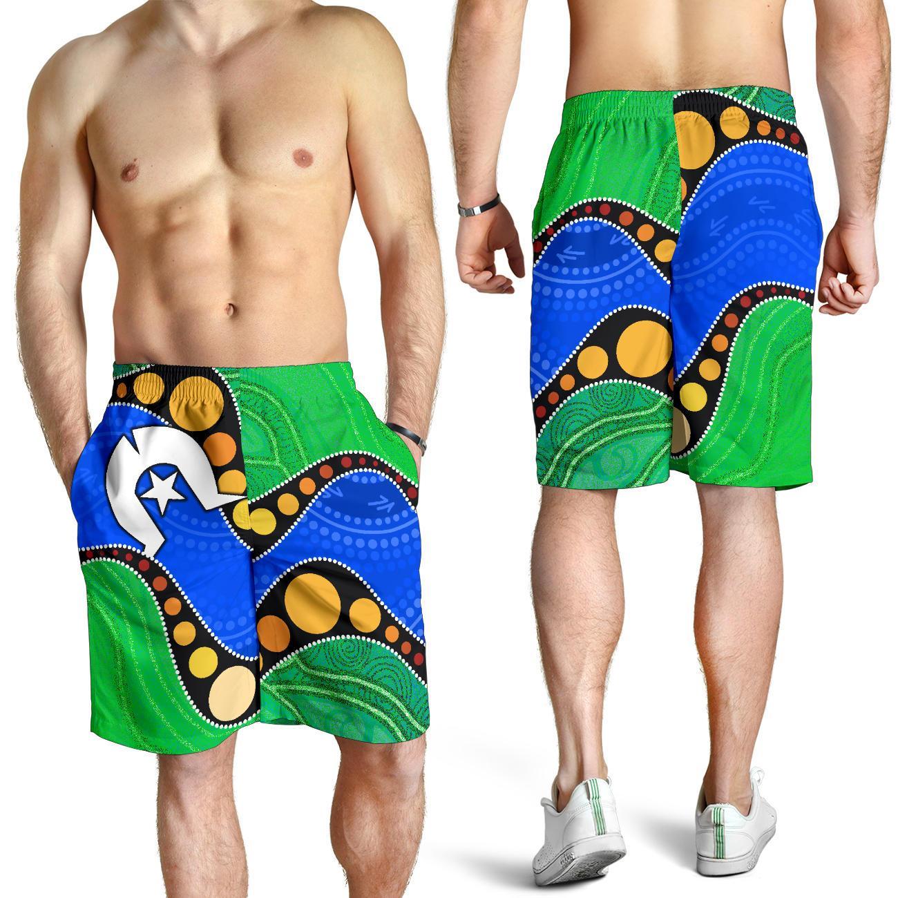 Torres Strait Islands All Over Print Men's Shorts - Flag with Aboriginal Patterns - Vibe Hoodie Shop