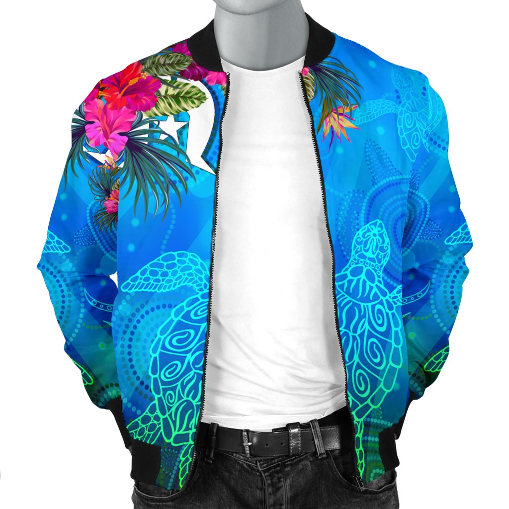 Men Bomber Jacket - Torres Strait Blue Sea With Hibiscus - Vibe Hoodie Shop