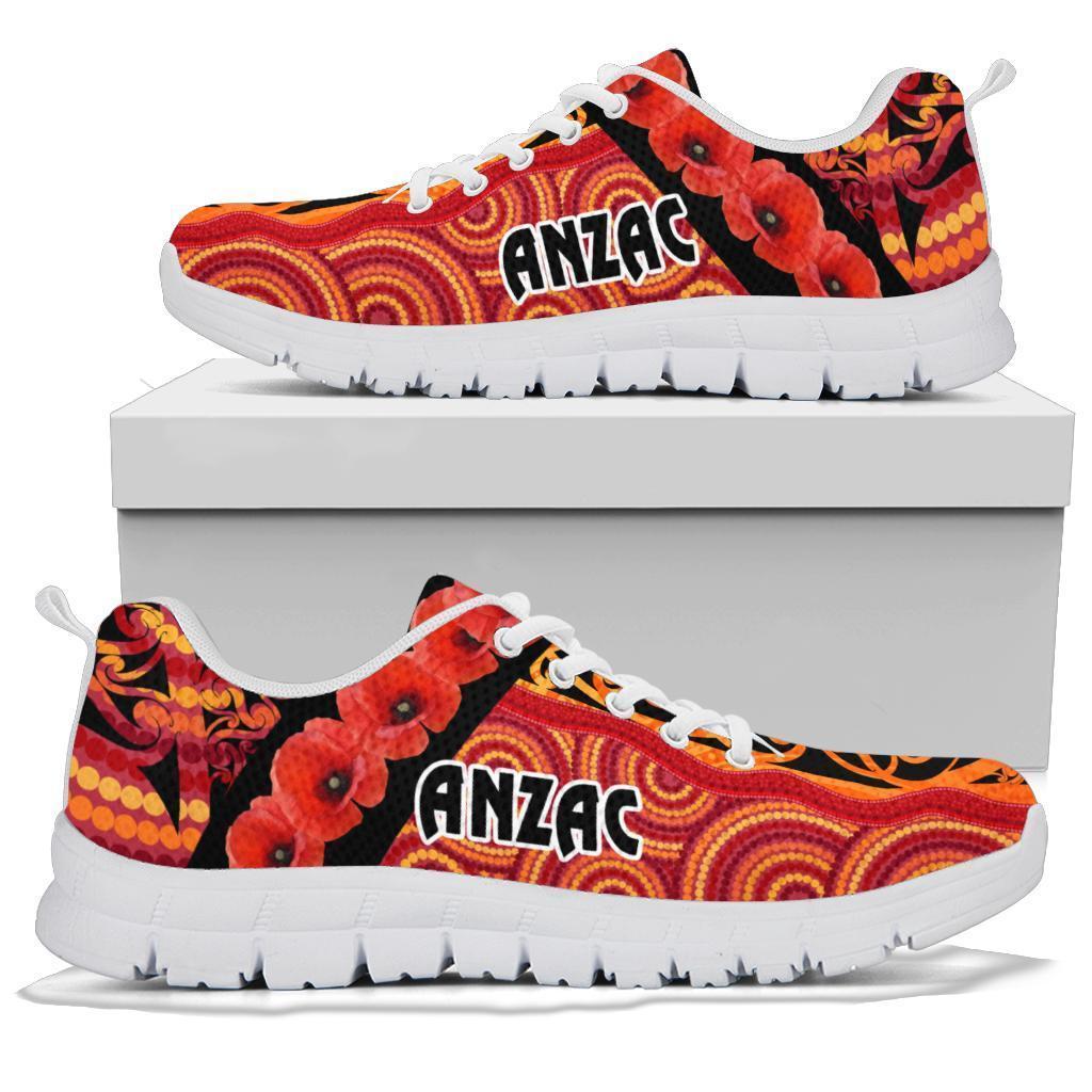 ANZAC Lest We Forget Poppy Sneakers New Zealand Maori Silver Fern - Australia Aboriginal - Vibe Hoodie Shop