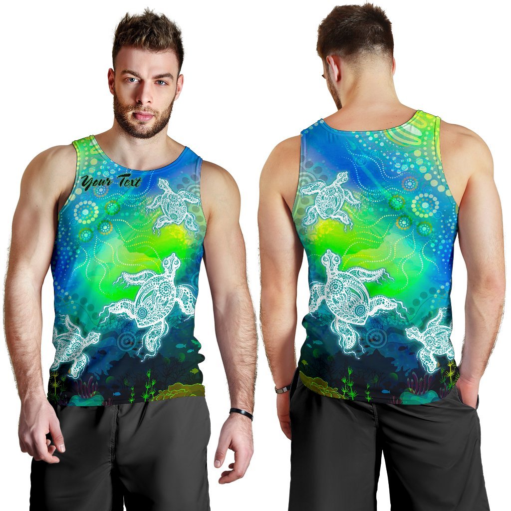 Custom Text Aboriginal Men's Tank Top - Indigenous Turtle Ocean Dot Painting Art - Vibe Hoodie Shop