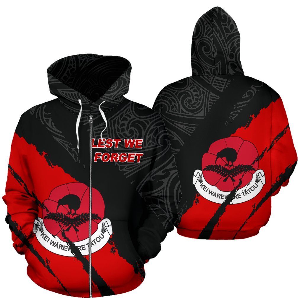 ANZAC Day New Zealand Zip Hoodie, Kiwi Ferns Maori Full Zip Hoodie - Vibe Hoodie Shop