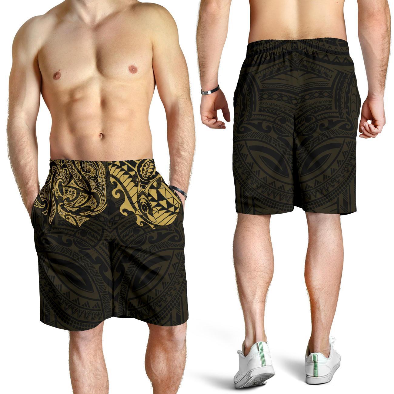 New Zealand All Over Print Men's Shorts, Maori Polynesian Tattoo Gold - Vibe Hoodie Shop