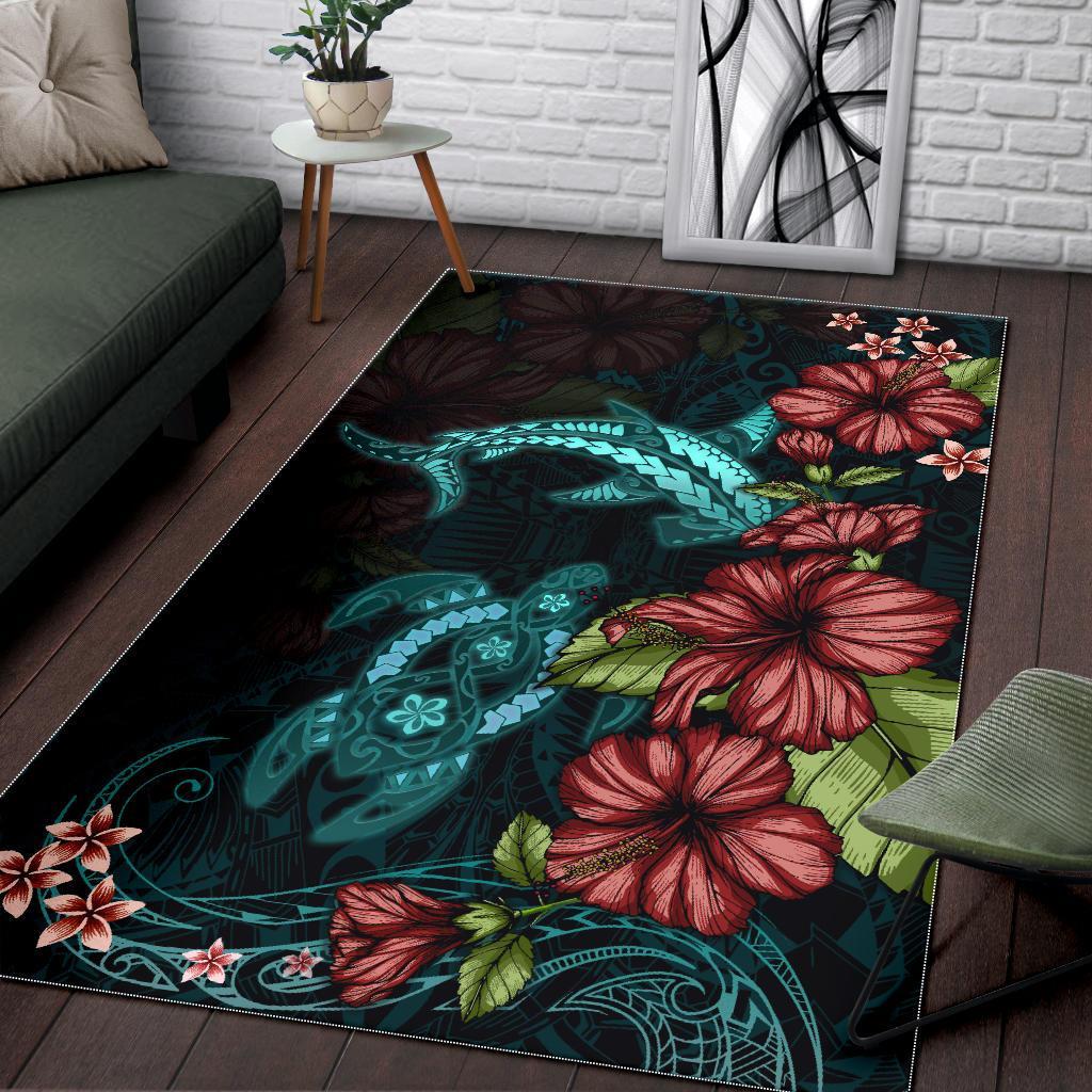 Polynesian Area Rug Turtle And Shark - Hibiscus Turquoise - Vibe Hoodie Shop