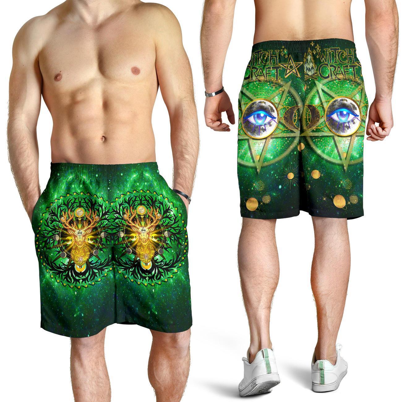 Celtic Pagan Deer All Over Print Men's Shorts - Moon Phases Deer with Tree of Life - Vibe Hoodie Shop