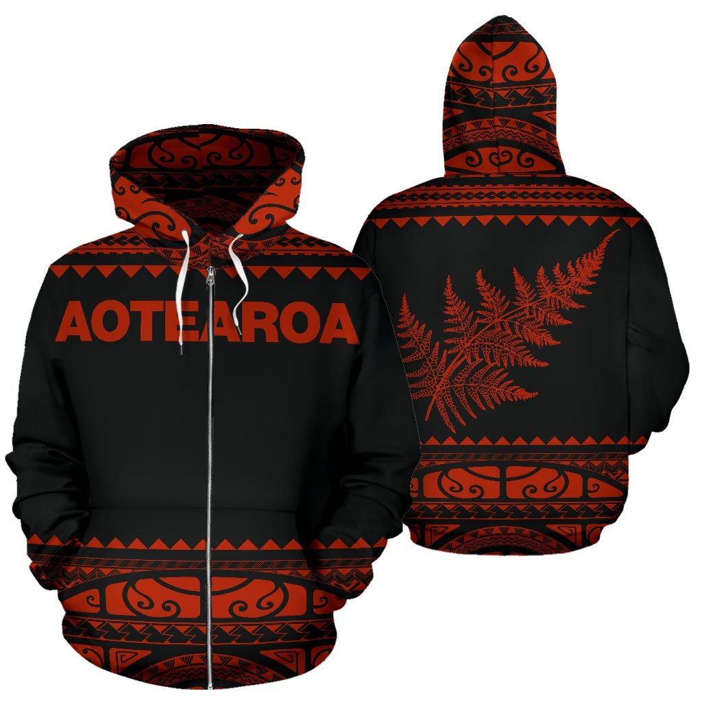 New Zealand Maori Zip Up Hoodie, Aotearoa Silver Fern Zipper Hoodie - Orange Red - Vibe Hoodie Shop