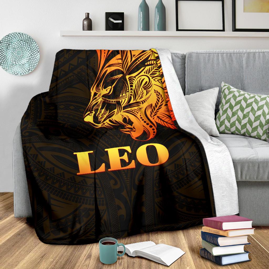 Sun In Leo Zodiac Premium Blanket Polynesian Tattoo Simple - Orange Black - Vibe Hoodie Shop