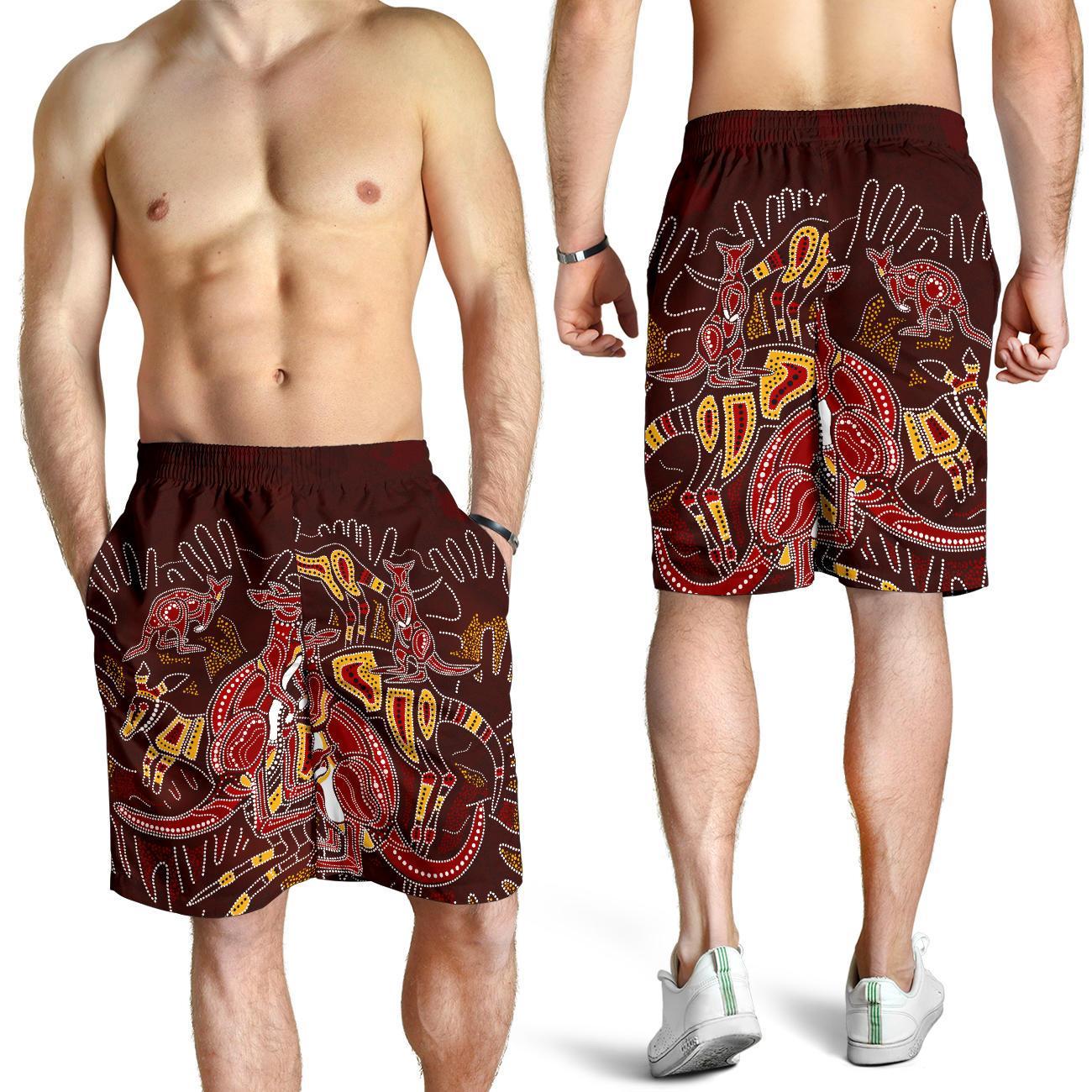 Aboriginal Men's Shorts - Kangaroo family with Hand Art - Vibe Hoodie Shop