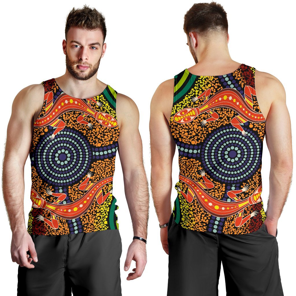 1st Australia Men Tank Top - Aboriginal Two Lizards Dot Painting Circle - Vibe Hoodie Shop