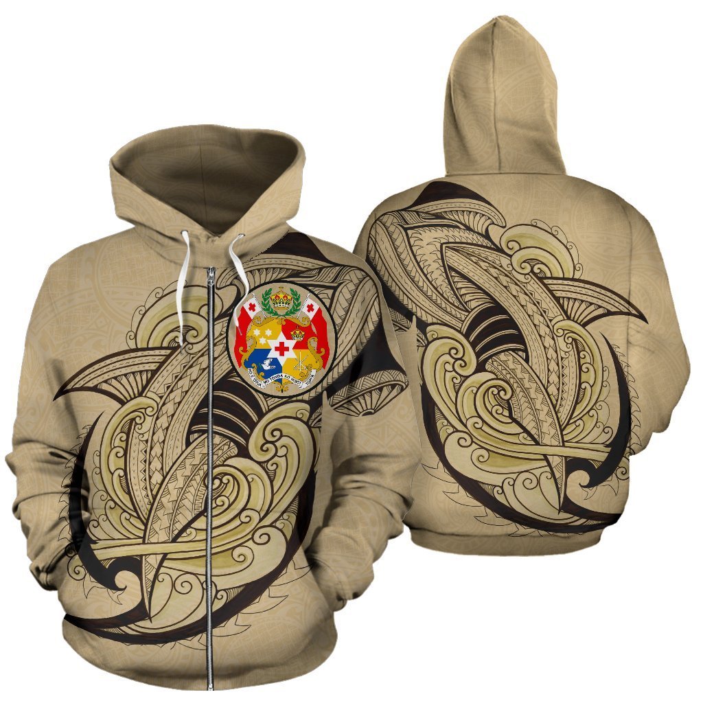 Zip Up Hoodie Tonga - Polynesian Shark Pattern Gold Color - Vibe Hoodie Shop