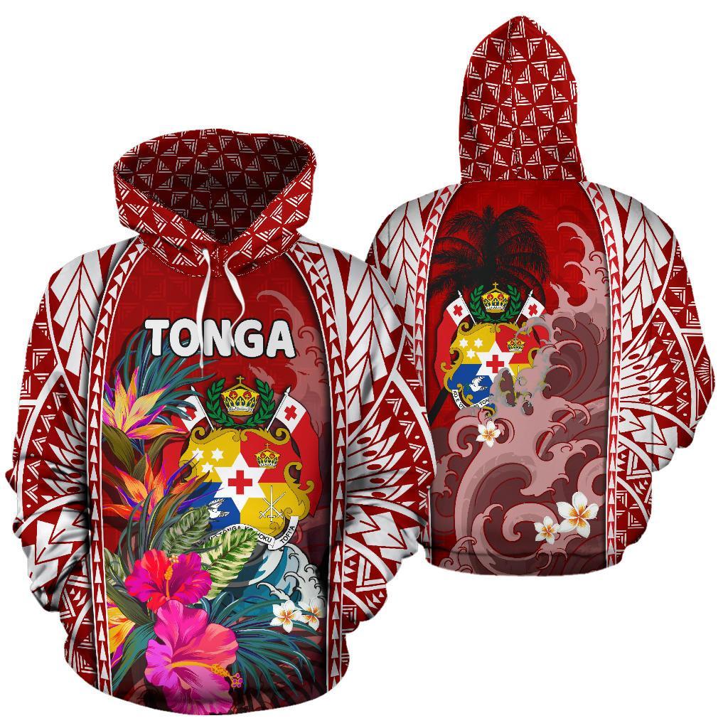 Tonga All Over Hoodie Coat Of Arms Polynesian With Hibiscus And Waves - Vibe Hoodie Shop