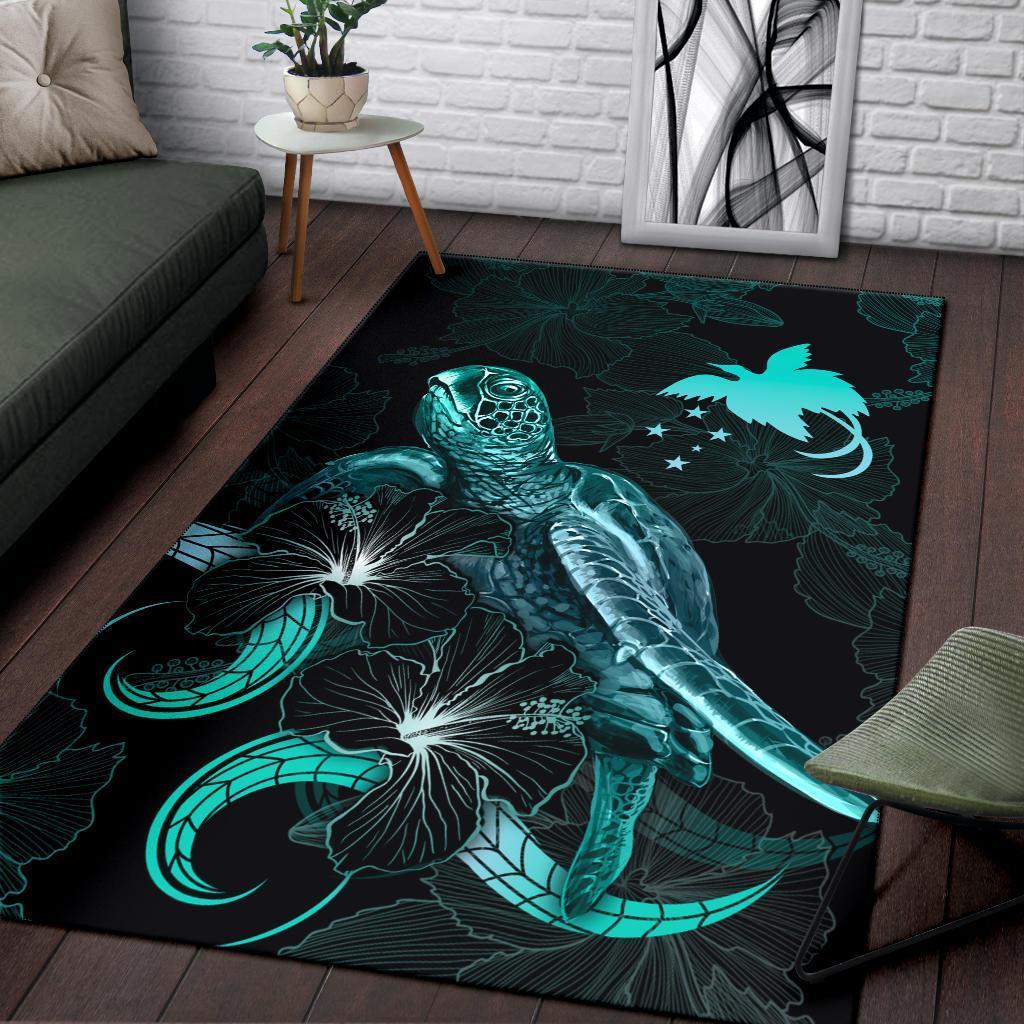 Papua New Guinea Polynesian Area Rugs - Turtle With Blooming Hibiscus Turquoise - Vibe Hoodie Shop