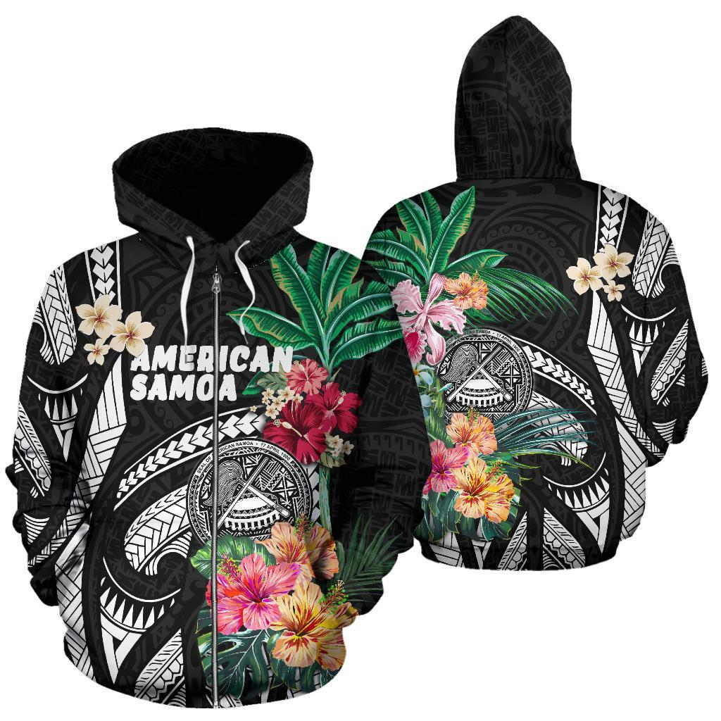 American Samoa All Over Zip - Up Hoodie Coat Of Arms Polynesian With Hibiscus - Vibe Hoodie Shop