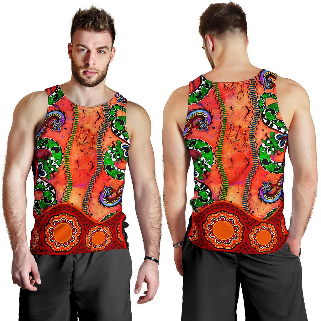 Aboriginal Men's Tank Top - Aussie Indigenous Patterns Orange - Vibe Hoodie Shop