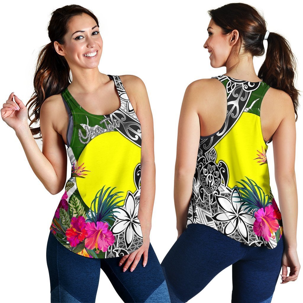 Palau Custom Personalised Women's Racerback Tank White - Turtle Plumeria Banana Leaf - Vibe Hoodie Shop