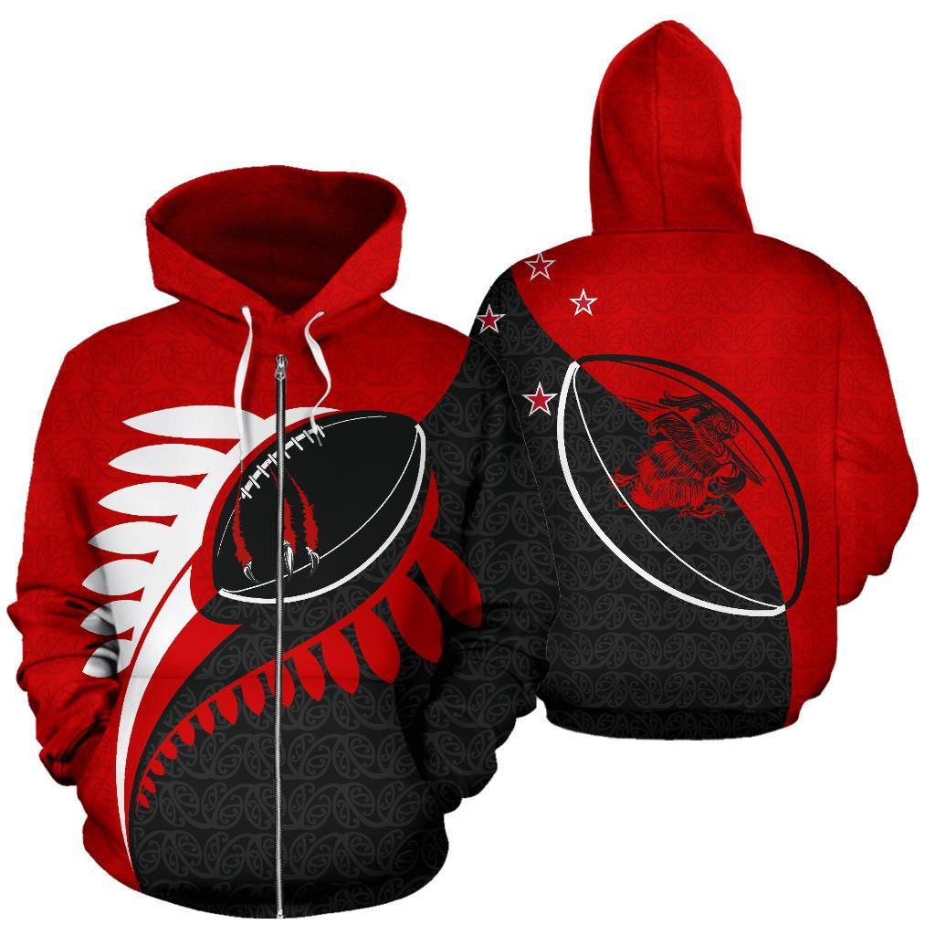 New Zealand Claws On Rugby Ball Zip Up Hoodie Red - Vibe Hoodie Shop