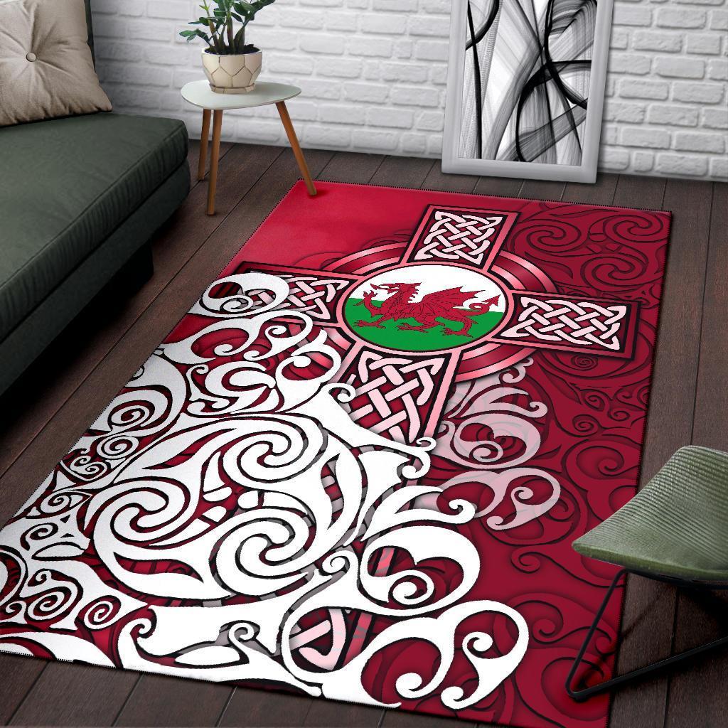 Wales Celtic Area Rug - Welsh Dragon Flag with Celtic Cross - Vibe Hoodie Shop