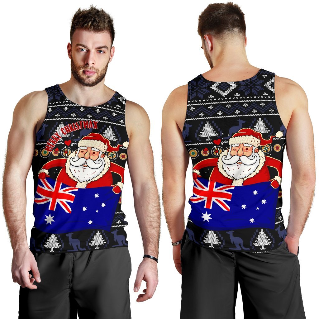 Christmas Men's Tank Top - Australia Santa Claus Hold The Flag (Black) - Vibe Hoodie Shop