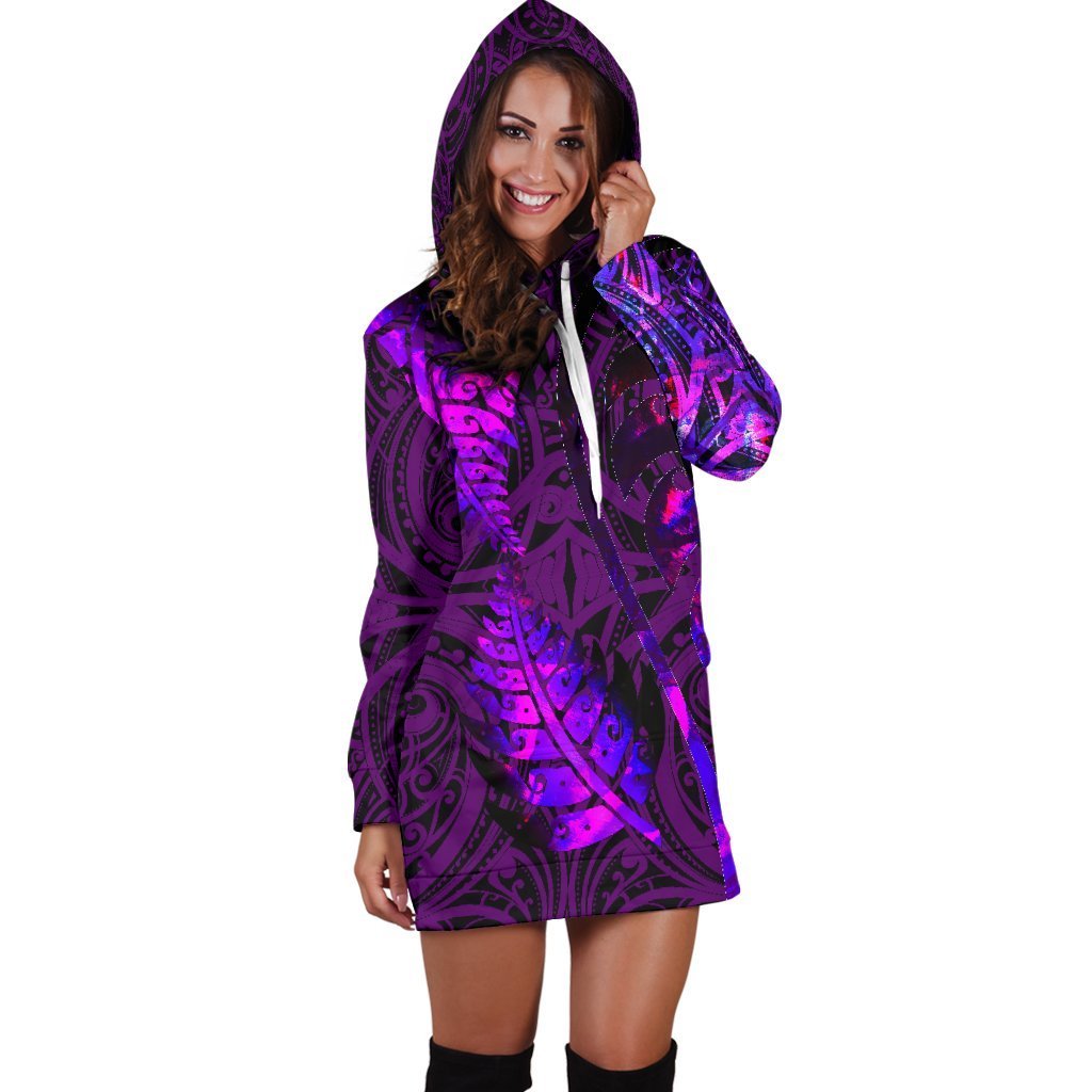 Aotearoa Maori Women Hoodie Dress Silver Fern Koru Vibes Purple - Vibe Hoodie Shop